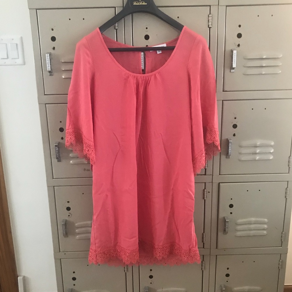 Coral above the knee dress with lace accents